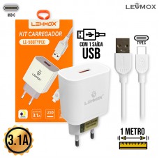 Kit Carregador 1 USB + Cabo Tipo C LE-508 Lehmox - Branco